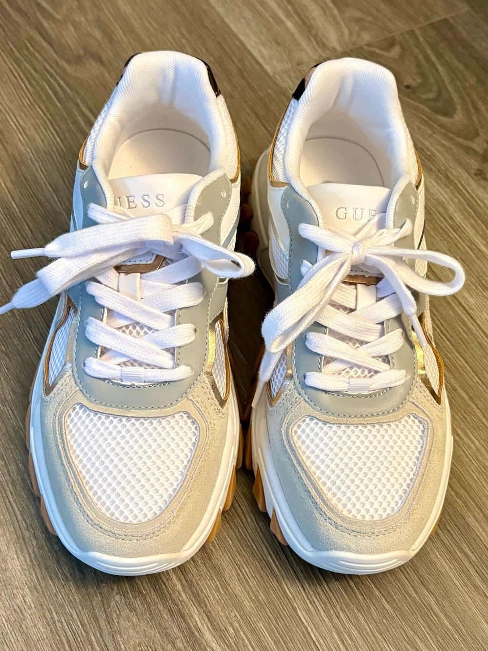 🤍GUESS Chunky White and Beige Sneakers with Glitter Heel